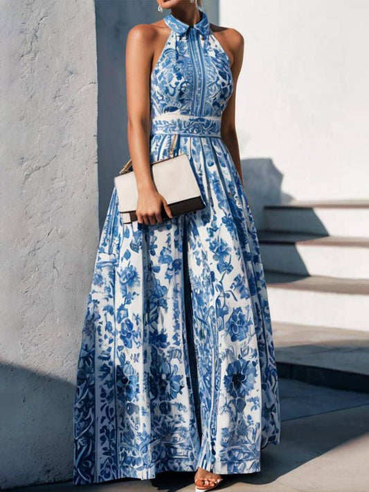 Blue Floral print Elegant fit & flare swing maxi dress