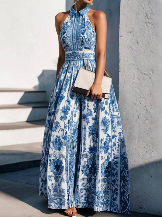 Blue Floral print Elegant fit & flare swing maxi dress