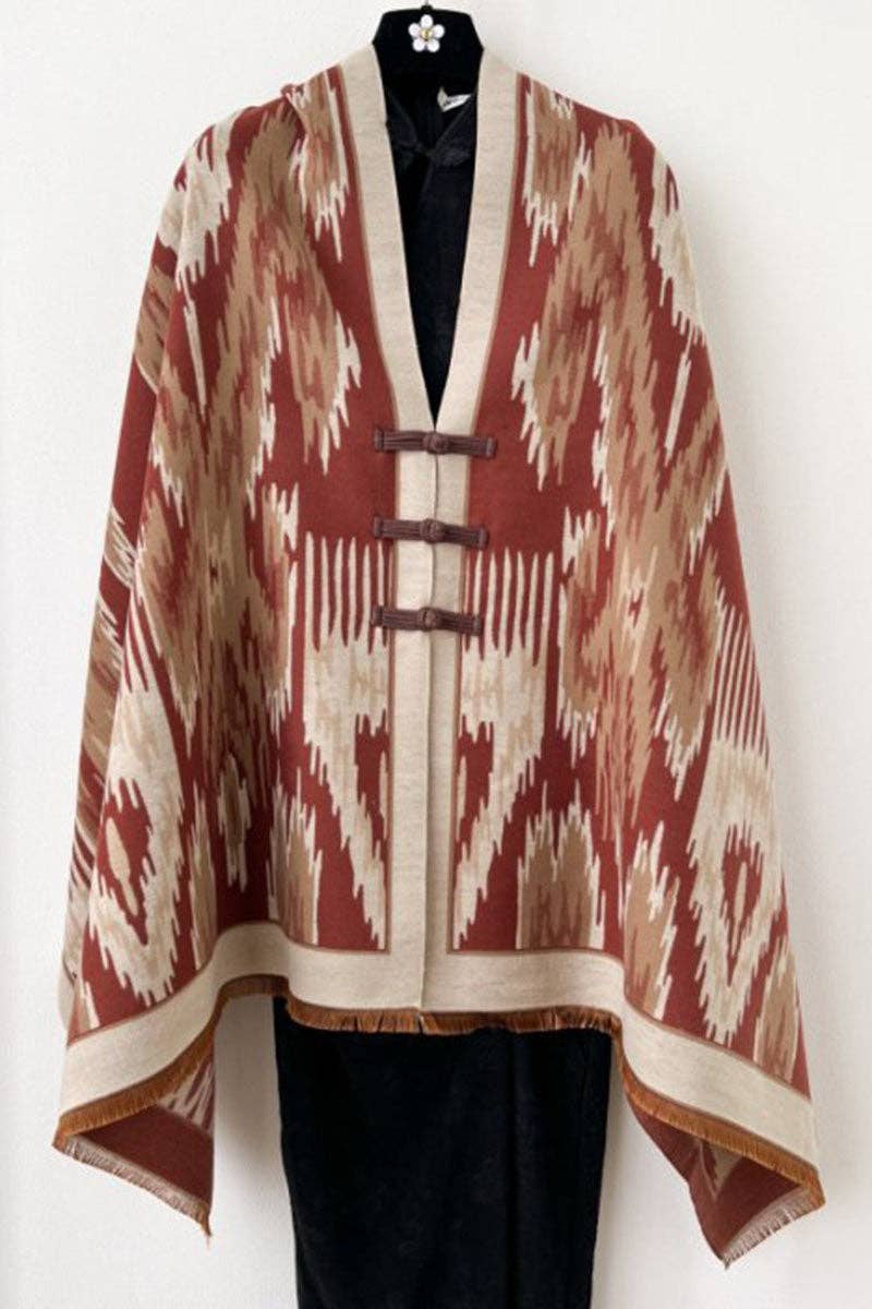 Print Toggle Front Cape Cardigan: BLACK / One Size