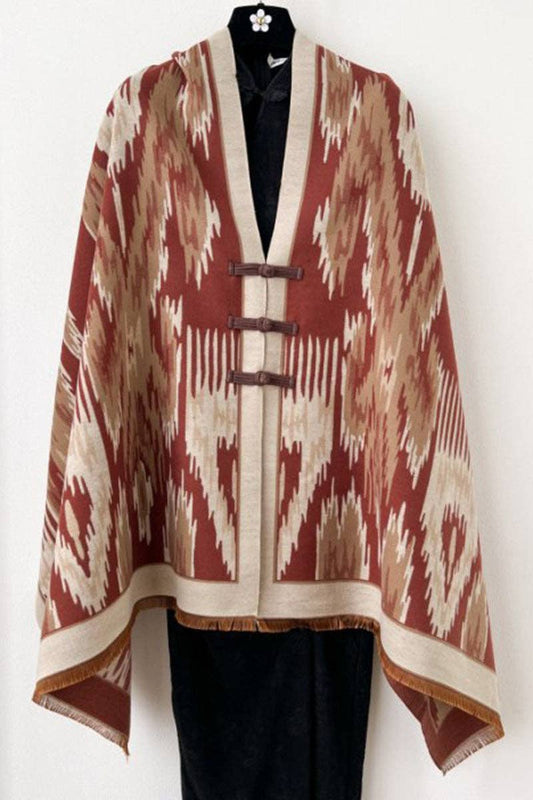 Print Toggle Front Cape Cardigan: WINE / One Size