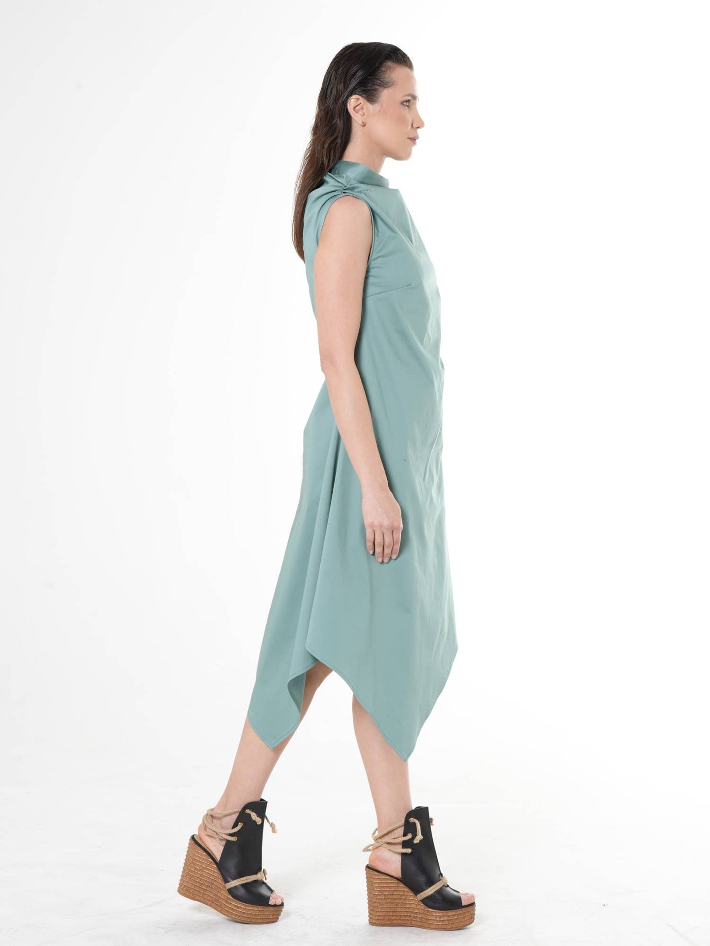Elegant Satin Cotton Dress In Mint: Black / XL