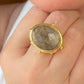 Gold coin ring with faceted smoky quartz crystal