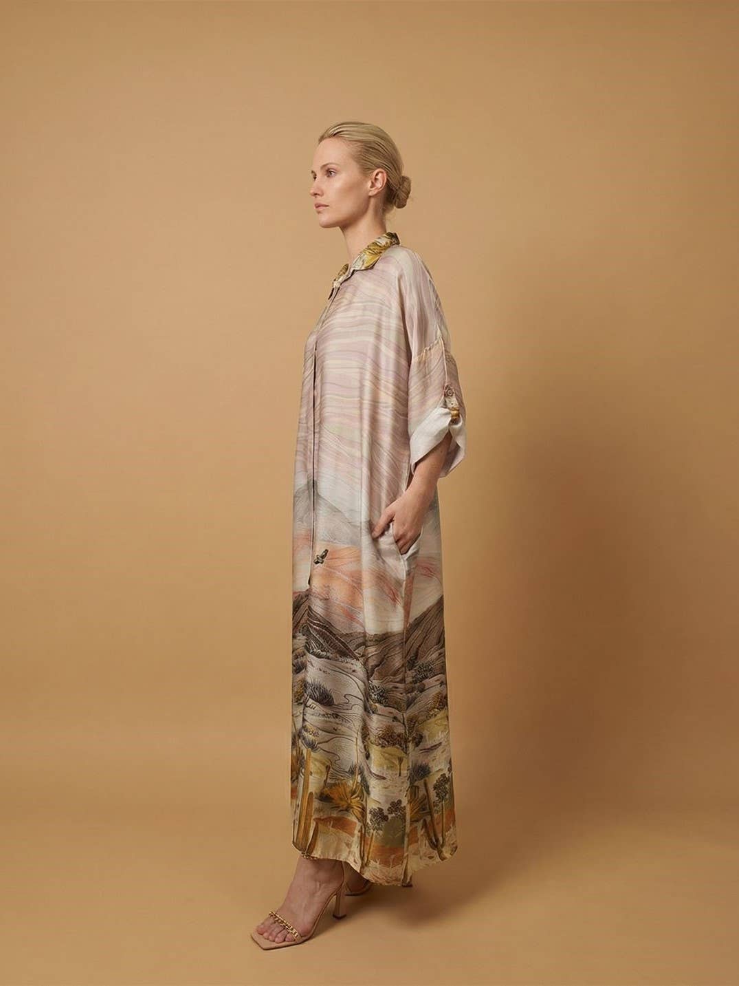 Long satin desert landscape print dress – KD9316VS-34: Sky Blue