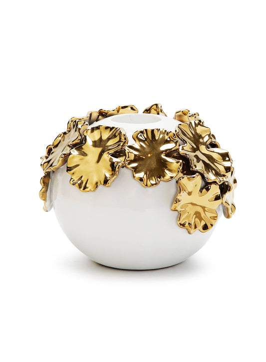 White Ceramic Candle Holder Gold Flower Design: Small