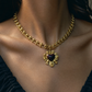 Gold Sunburst Heart Necklace | Vintage Enamel Statement Jewelry: Green