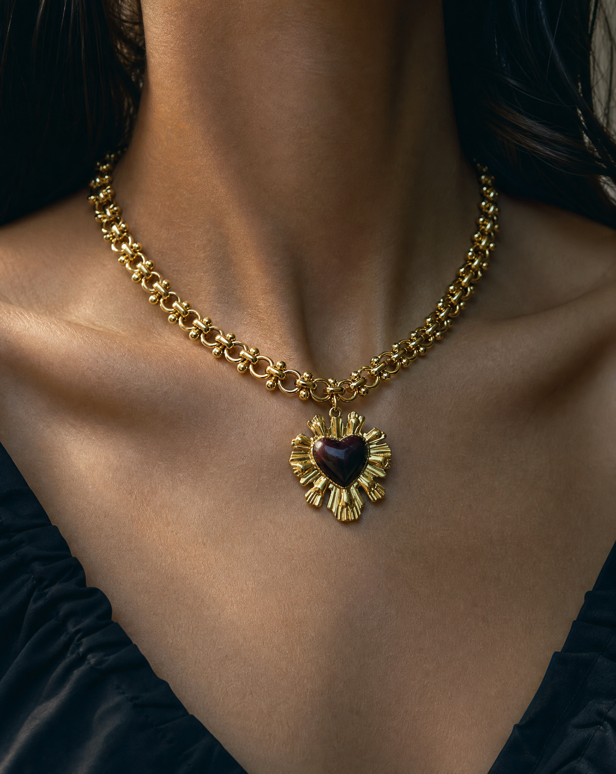 Gold Sunburst Heart Necklace | Vintage Enamel Statement Jewelry: Green