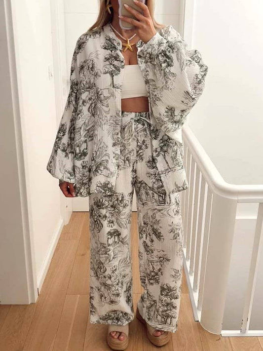 Lantern Sleeve Button Shirt Drawstring Pants Lounge Set: DarkGray / L
