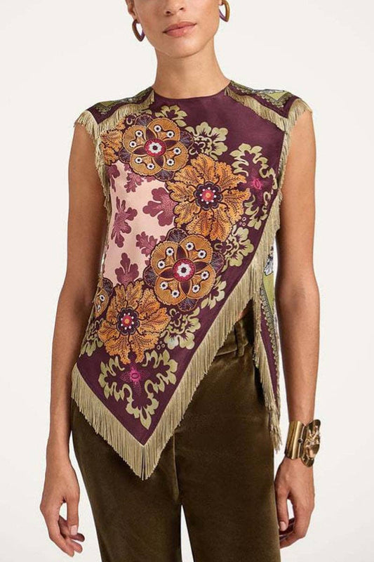 Asymmetrical Fringe Cross Top: WINE / S