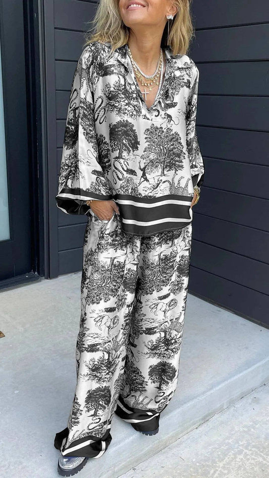 Jungle Floral Toile Print Bubble sleeve blouse set: Black