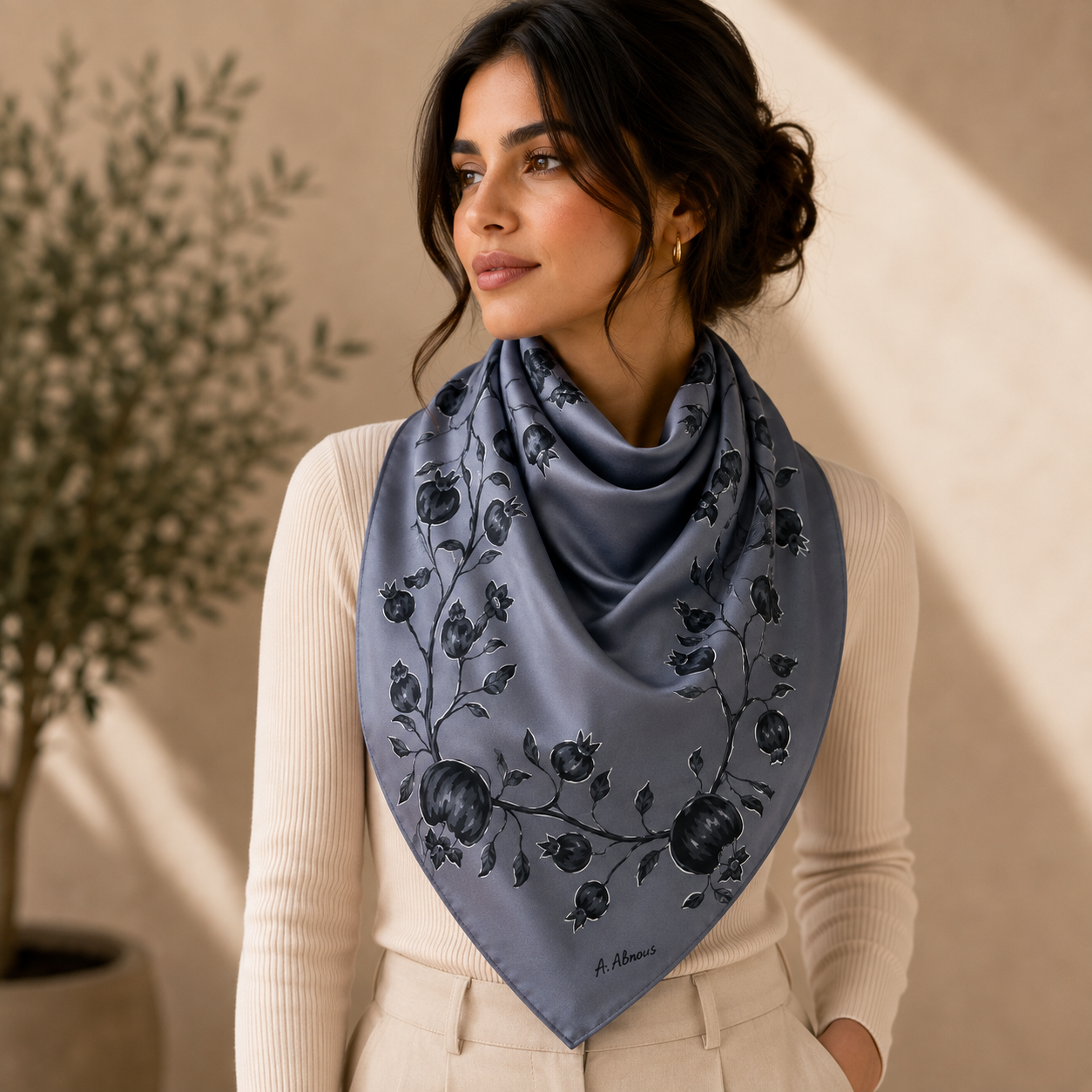 Batik Pomegranate Gray Silk Scarf