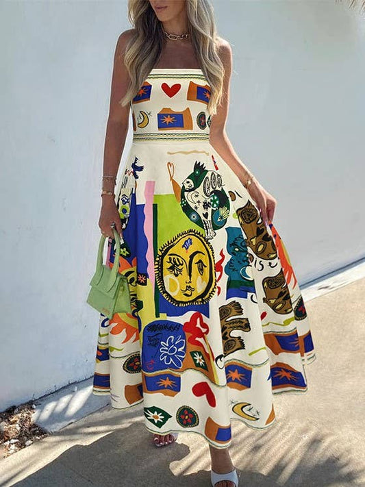 Geometric Graffiti Print Contrasting A-Line Slip Dress