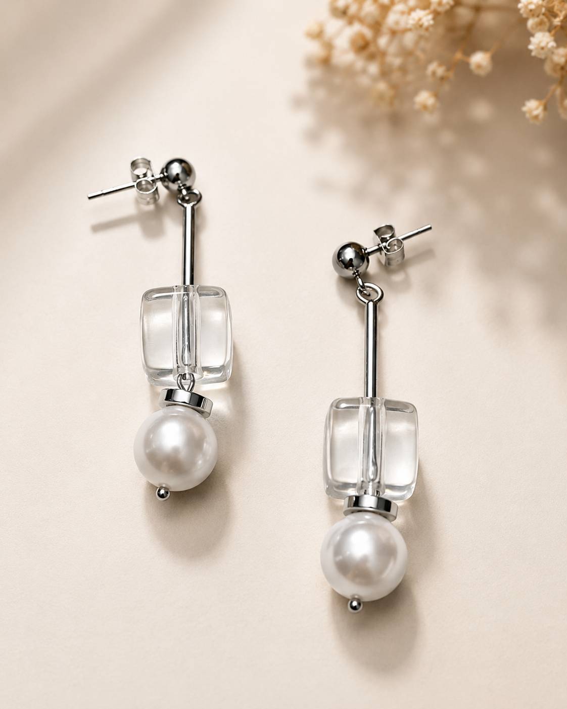Crystal Cube & Pearl Drop Earrings