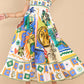 Folk print polyester strap swing midi dress