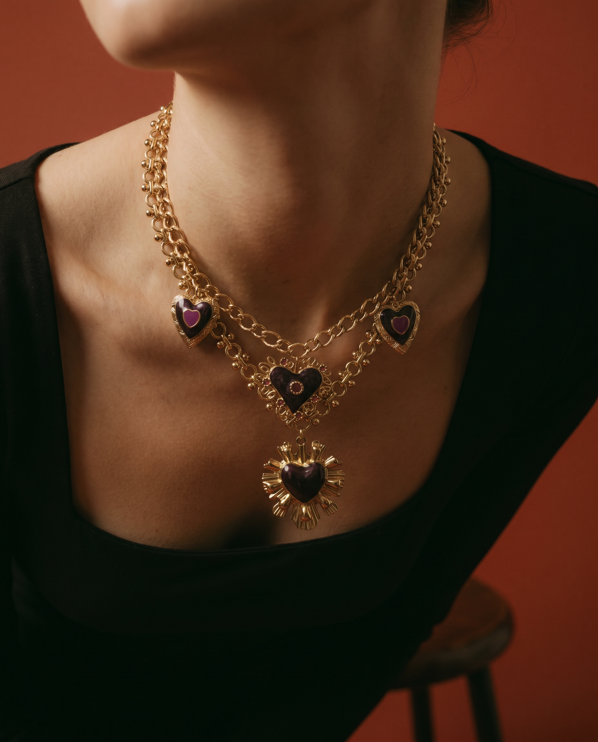 Gold Sunburst Heart Necklace | Vintage Enamel Statement Jewelry: Green
