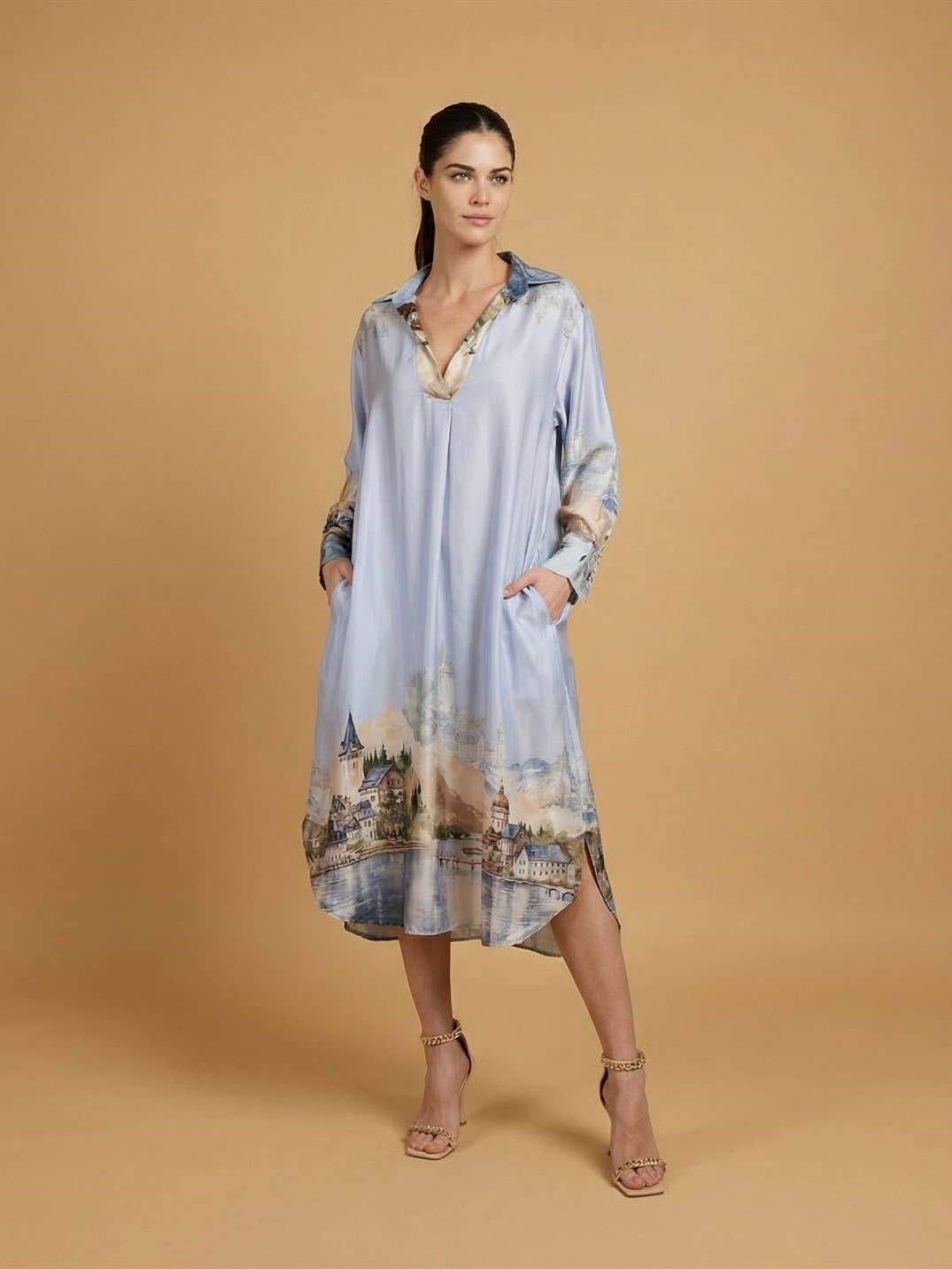 Long satin landscape print dress – KD6120VS-32: Navy Blue