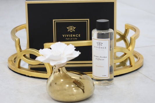 Gold Diffuser  with Dimensional White Flower, "Iris &Rose"