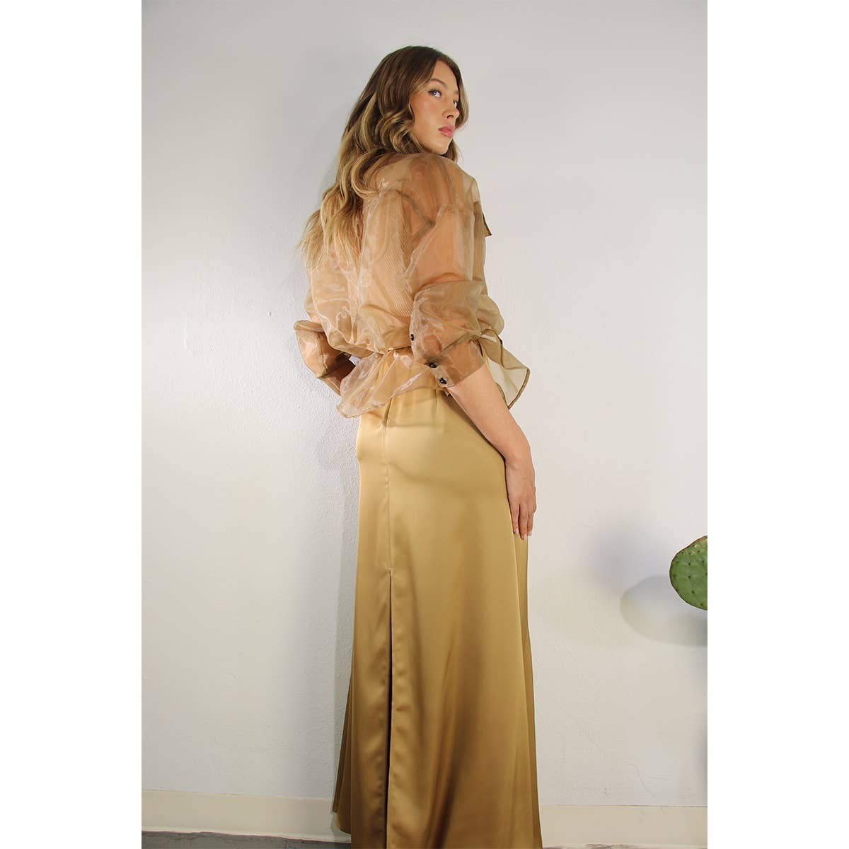 SHEER LONG SHIRTS AND SATIN LONG SKIRTS SET: BRONZE GOLD