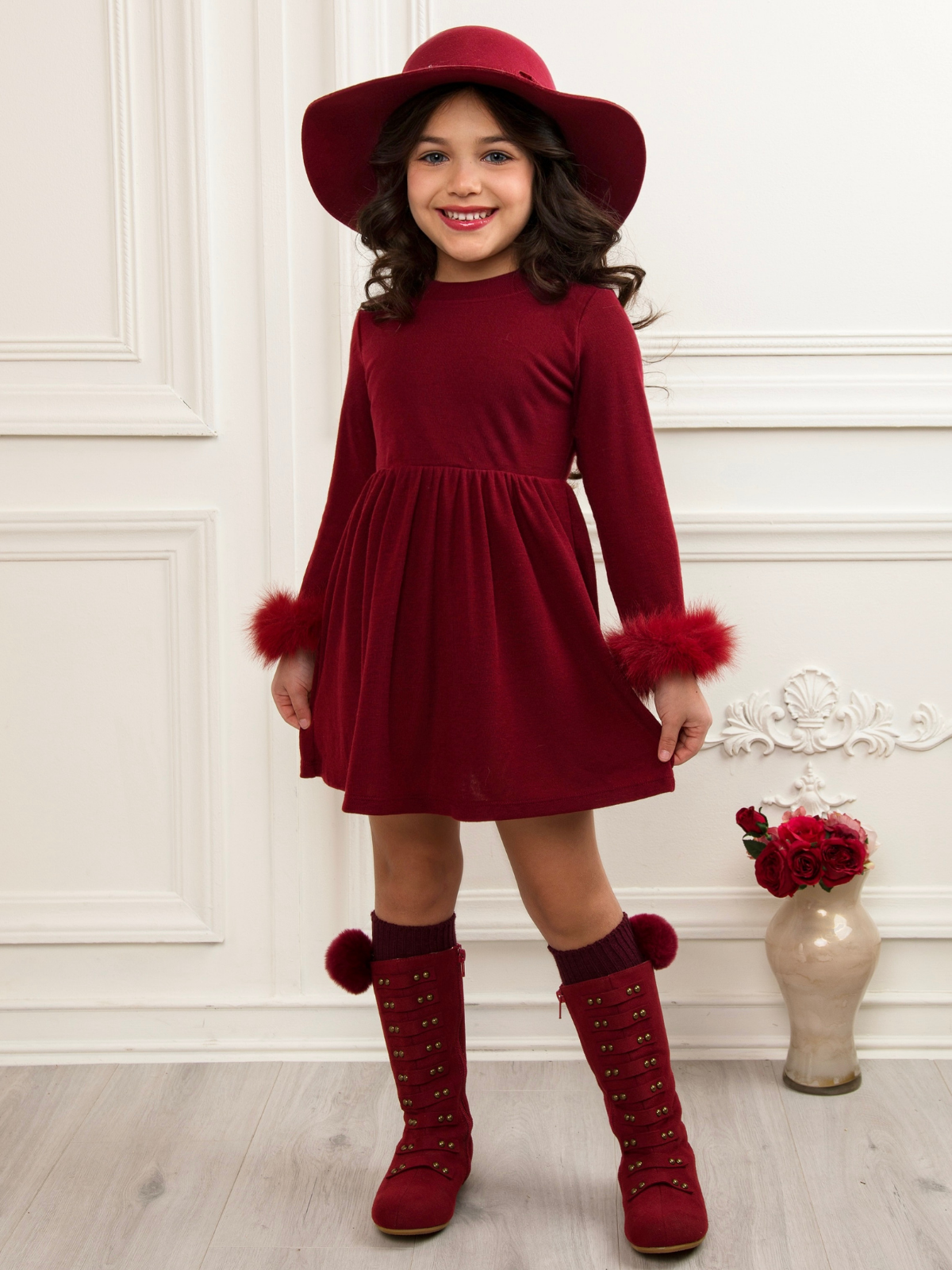 strapless open back dress Cranberry Frost Burgundy Dress with Luxe Faux Fur Cuffs – Lusanet Collective