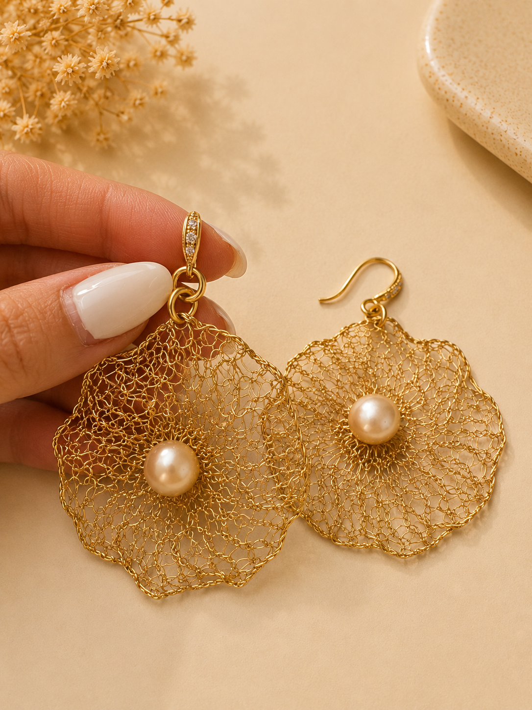 Golden Bloom Beige Freshwater Pearl Earrings