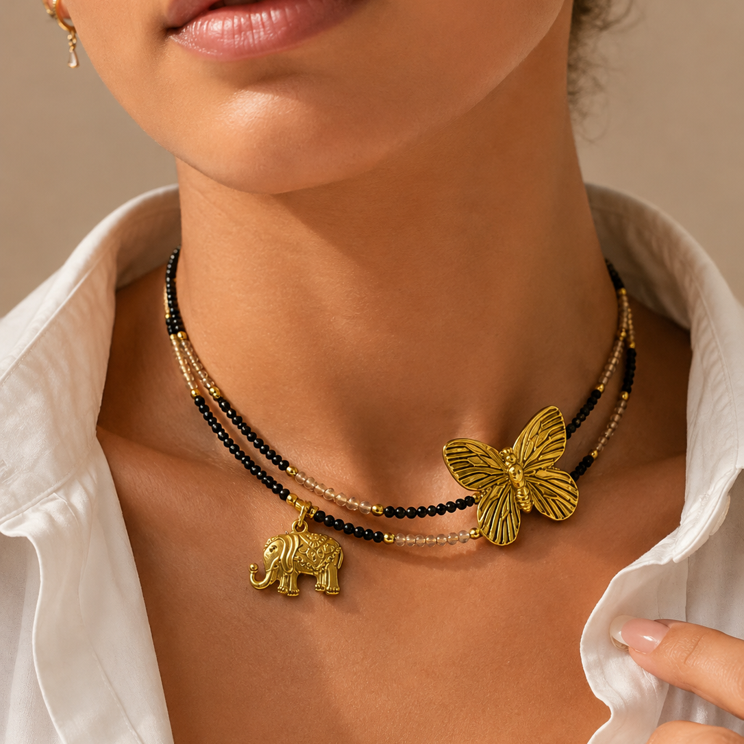 Golden Butterfly & Elephant Layered Necklace