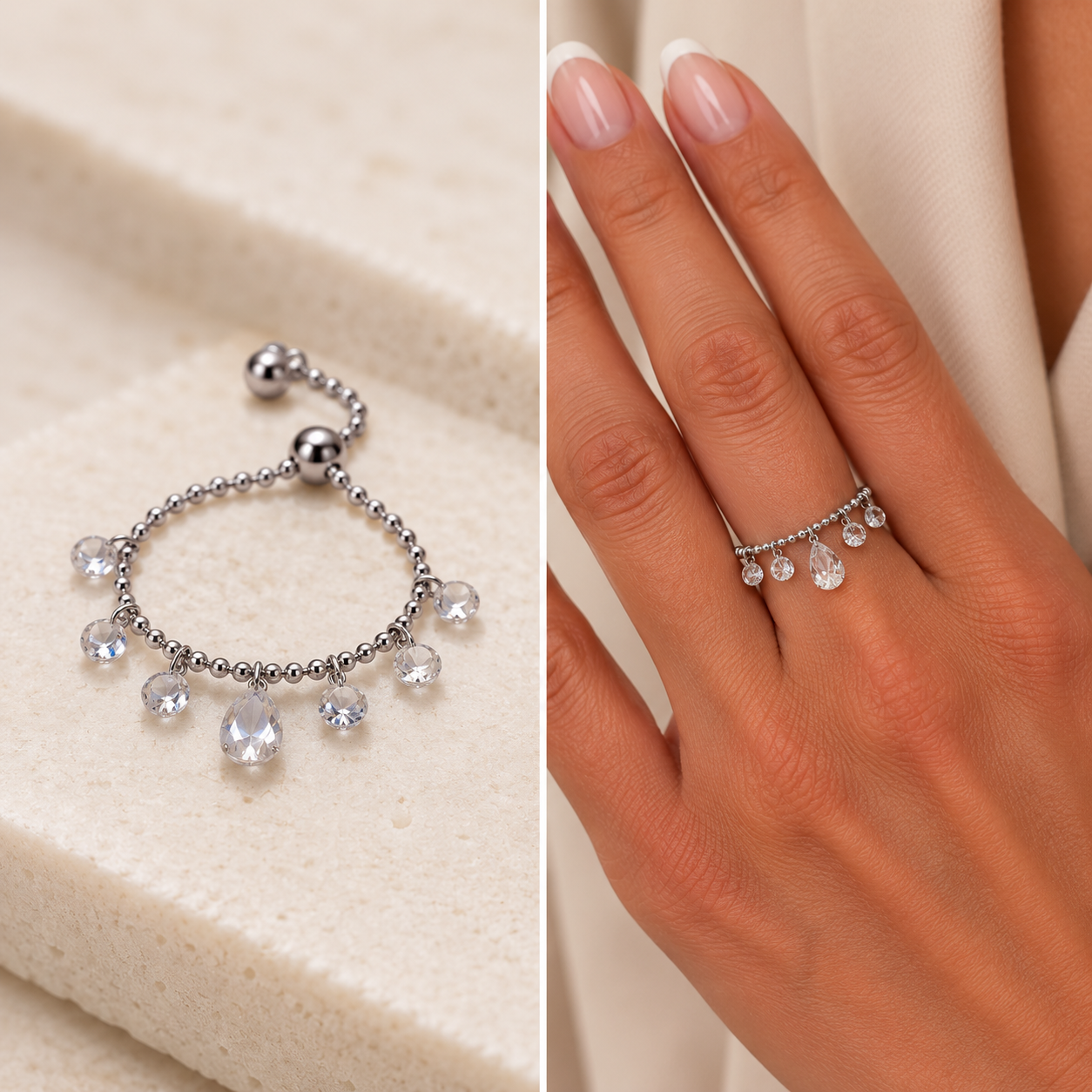 Crystal Cascade Adjustable Charm Ring
