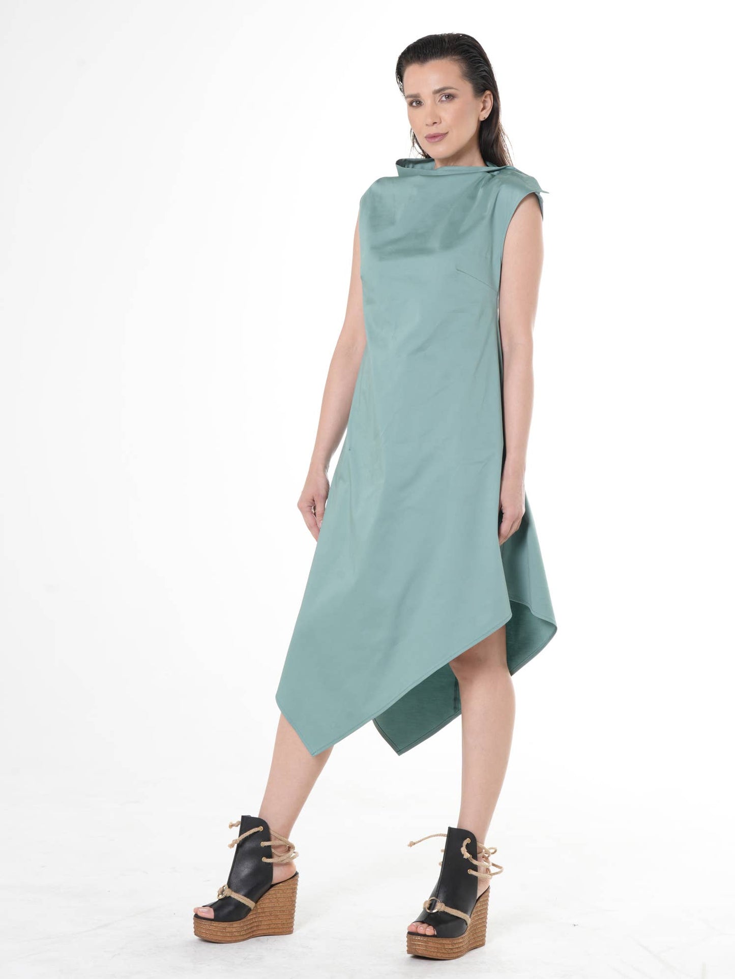 Elegant Satin Cotton Dress In Mint: Black / XL