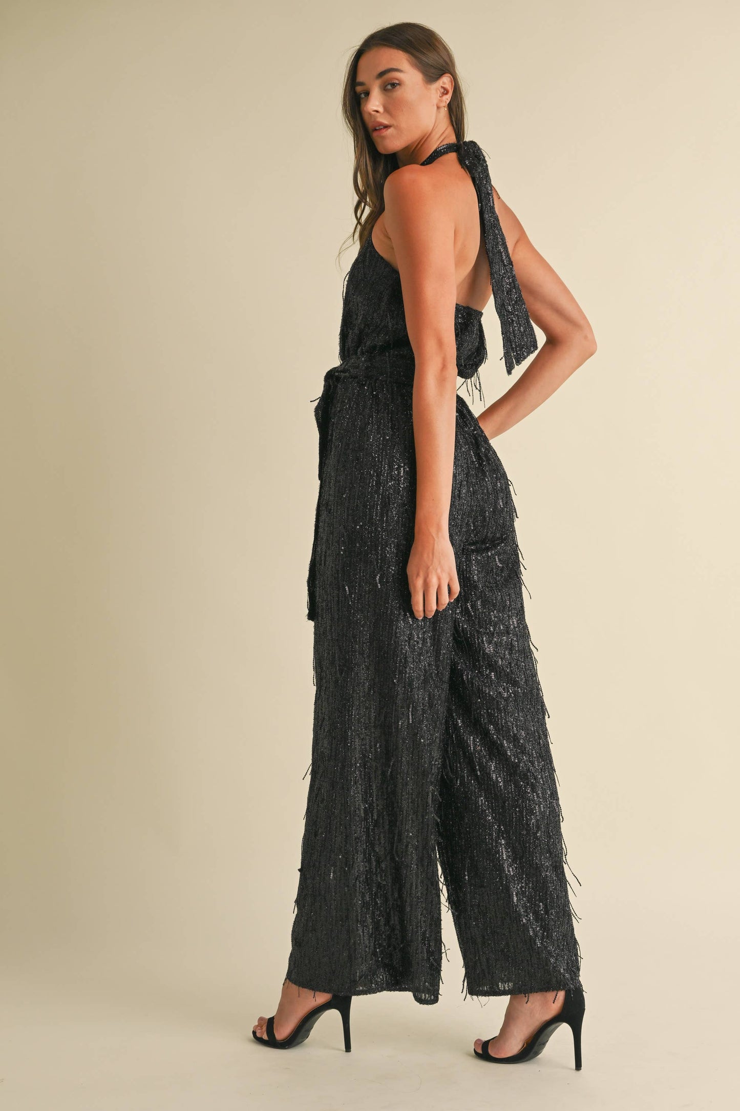 Feather Sequin Jumpsuit: Black