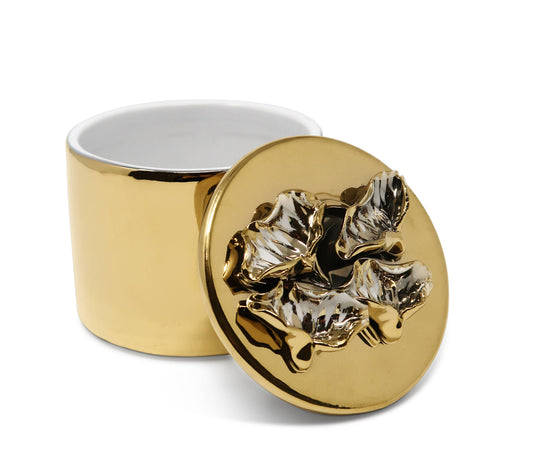 Round Gold Decorative Box With Flower Design Lid: Side Flower