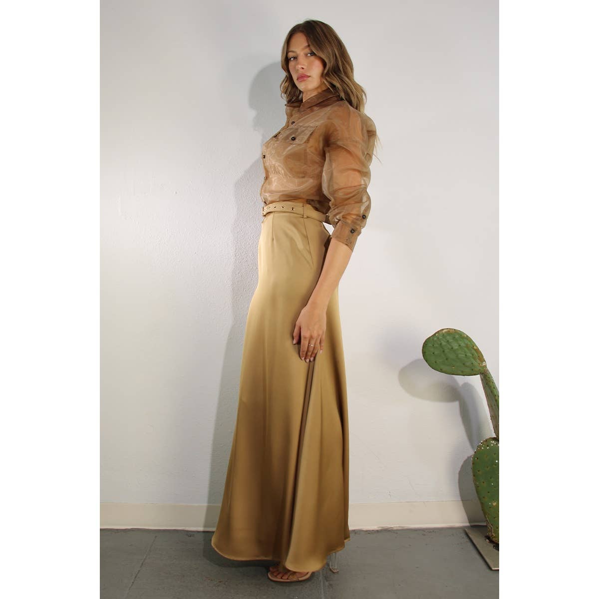 SHEER LONG SHIRTS AND SATIN LONG SKIRTS SET: BRONZE GOLD