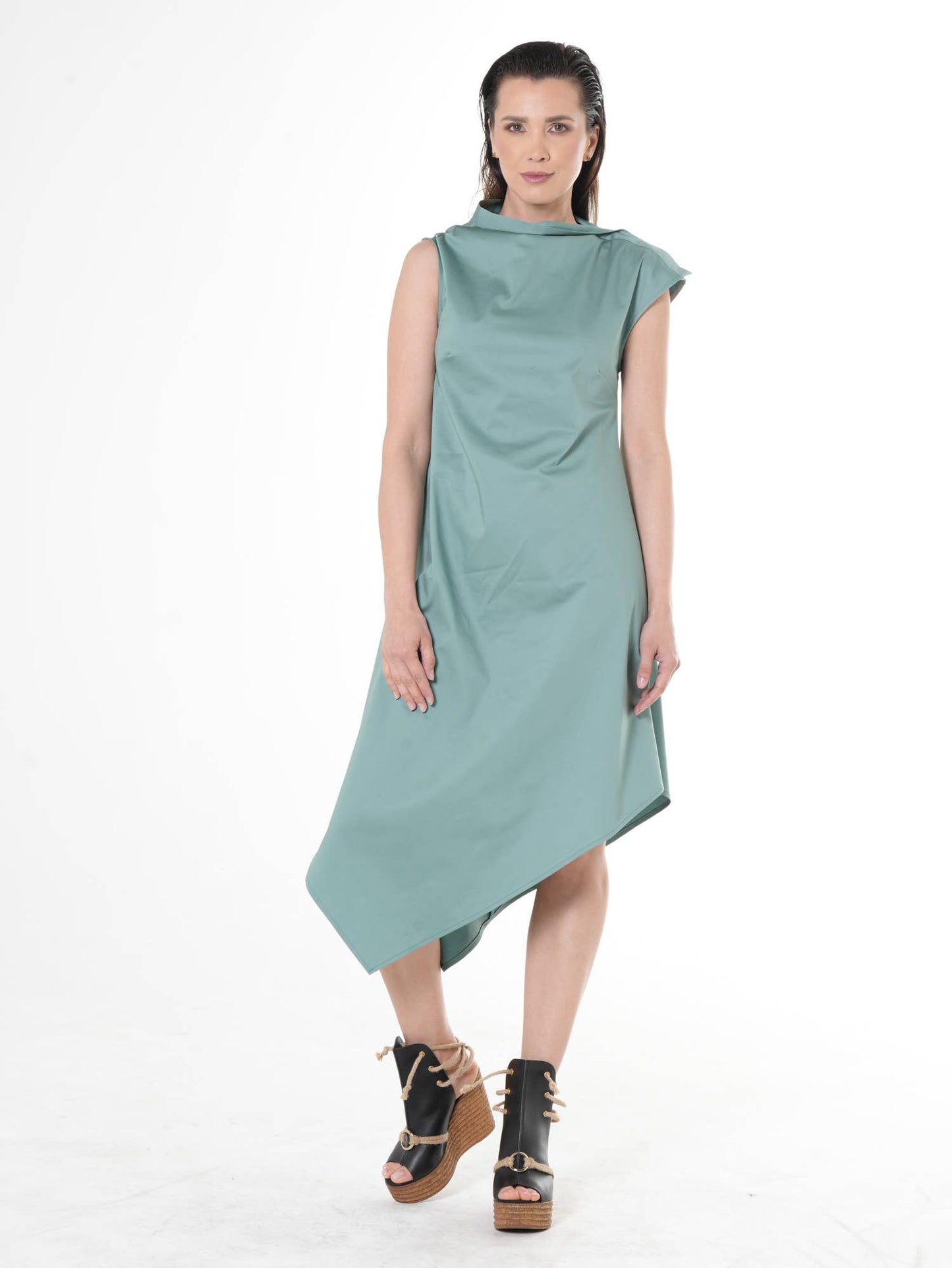 Elegant Satin Cotton Dress In Mint: Black / XL