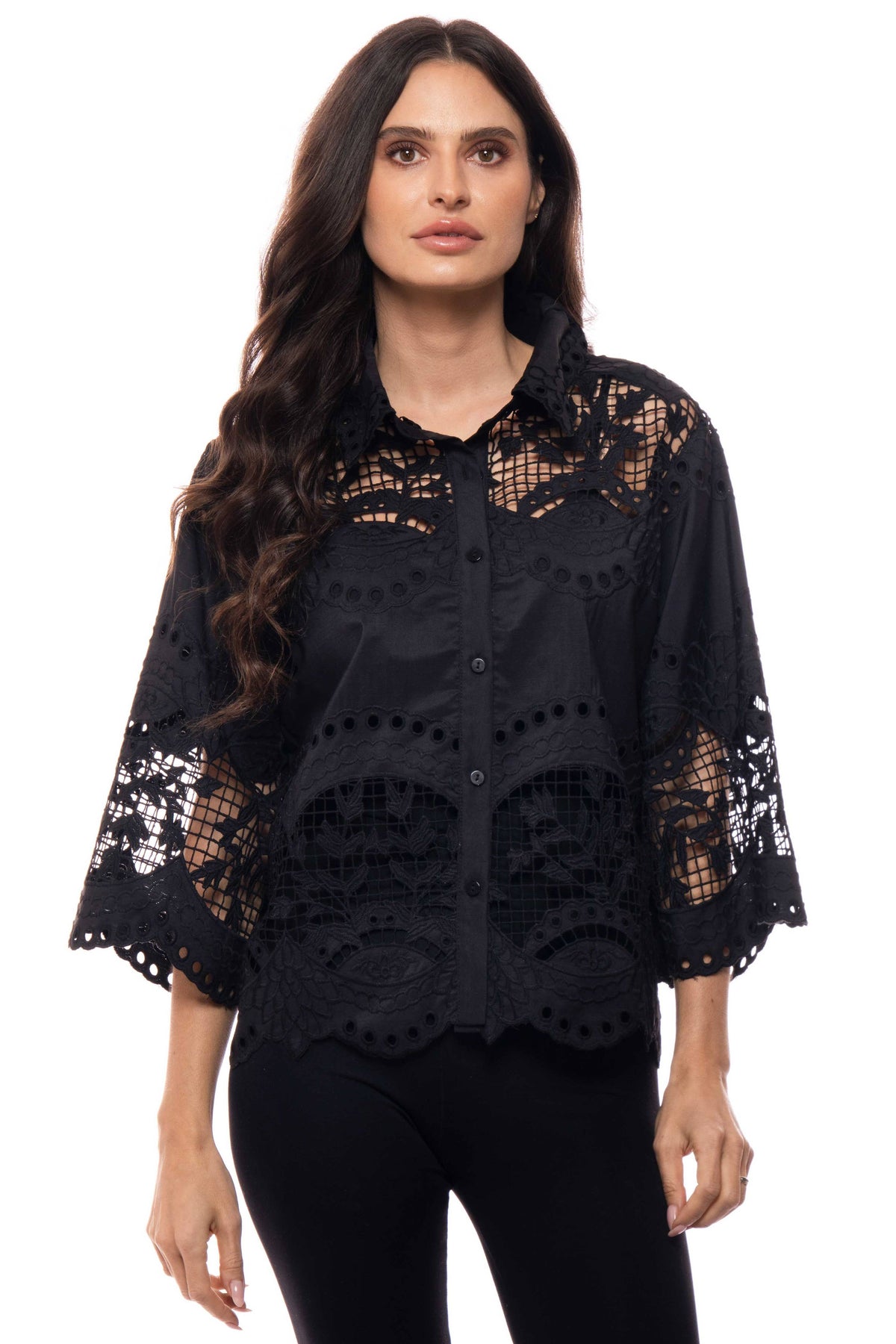 A104-B Embroidered Lace Button-Down Blouse: L