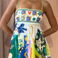 Folk print polyester strap swing midi dress