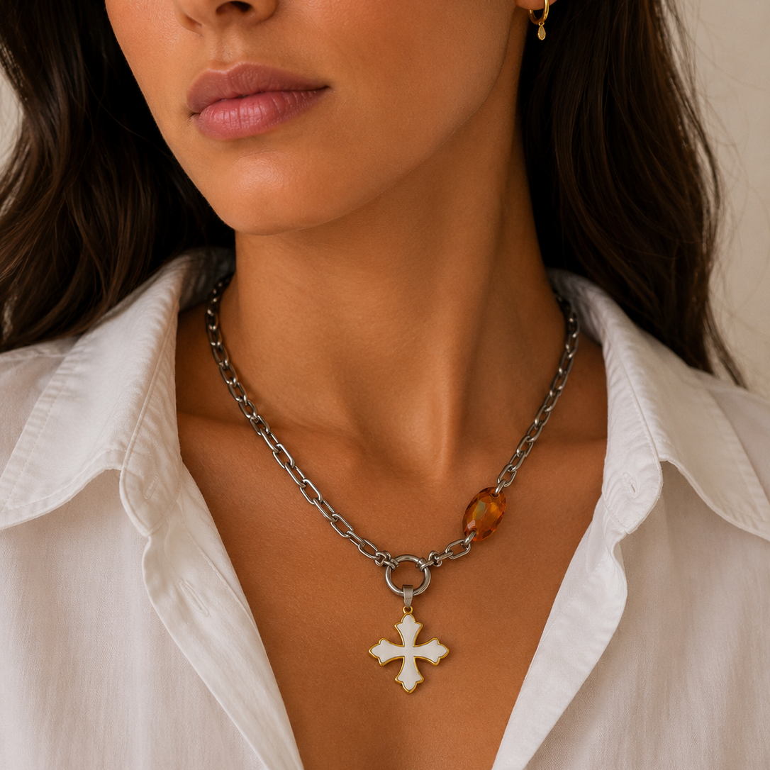 Byzantine Cross & Amber Crystal Chain Necklace