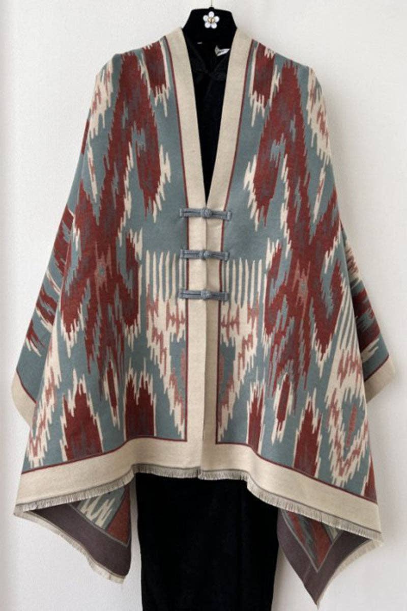 Print Toggle Front Cape Cardigan: WINE / One Size