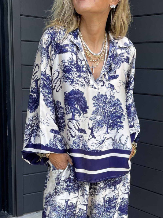 Jungle Floral Toile Print Bubble sleeve blouse set: Grey