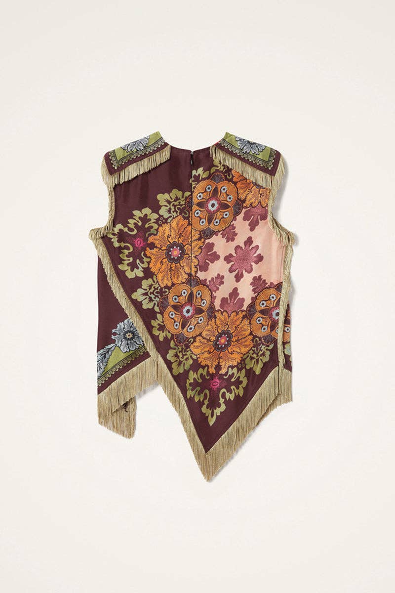 Asymmetrical Fringe Cross Top: WINE / S