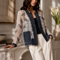 Chiffon Embroidered Jacket with Denim Trim