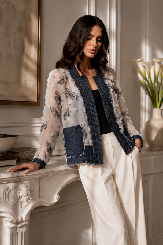 Chiffon Embroidered Jacket with Denim Trim