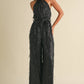 Feather Sequin Jumpsuit: Black