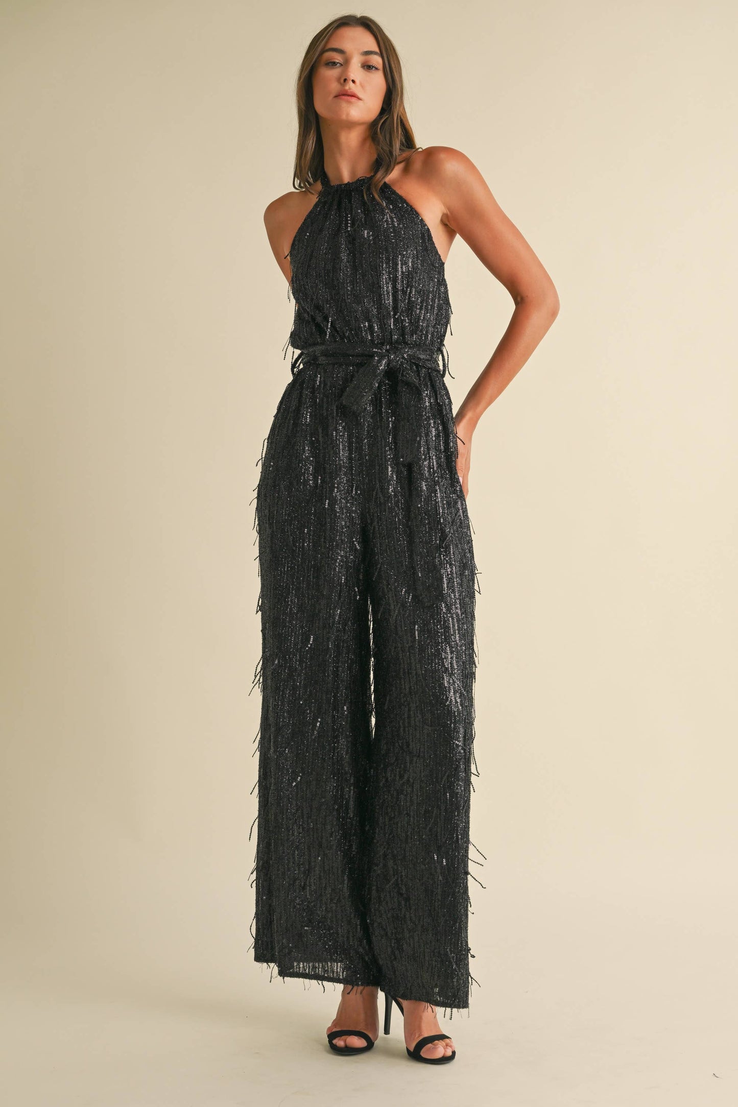 Feather Sequin Jumpsuit: Black