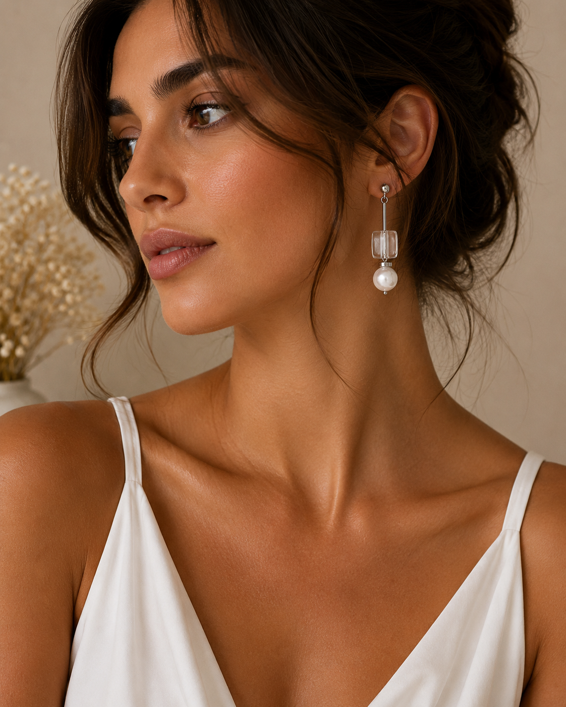 Crystal Cube & Pearl Drop Earrings
