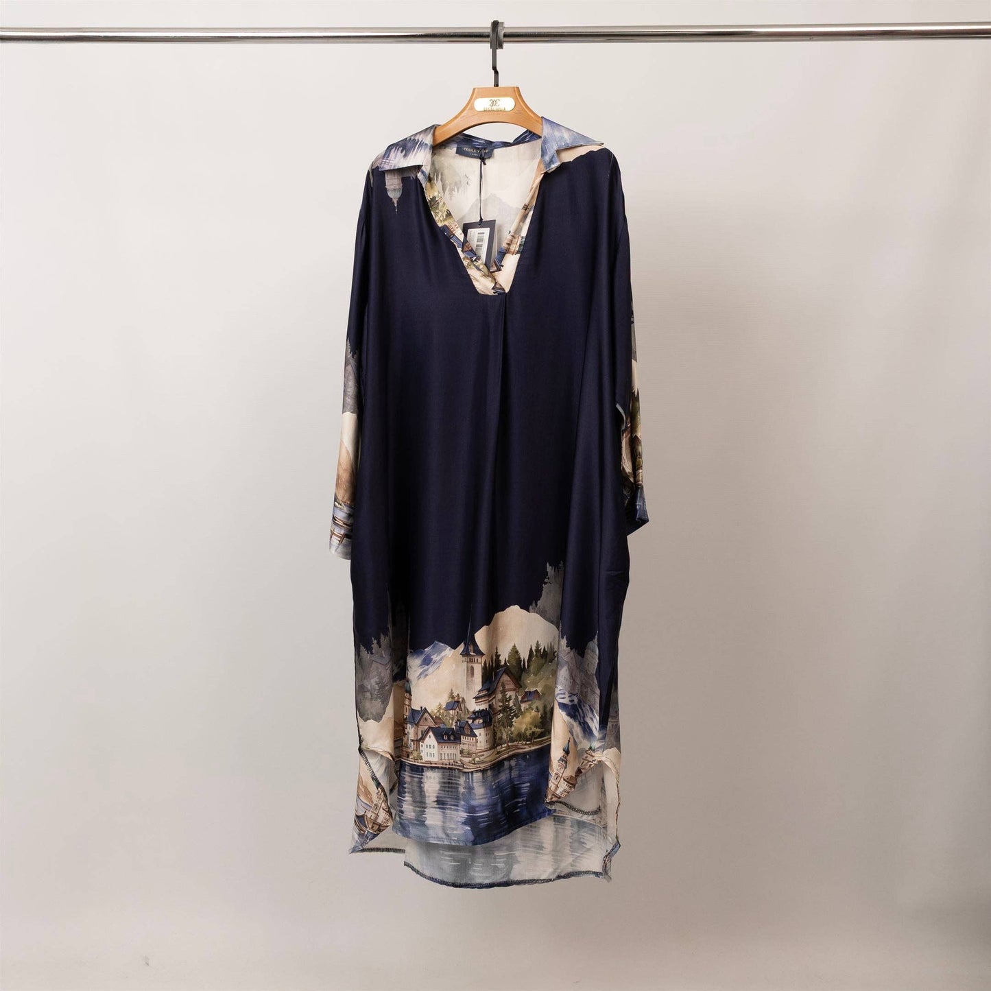 Long satin landscape print dress – KD6120VS-32: Navy Blue