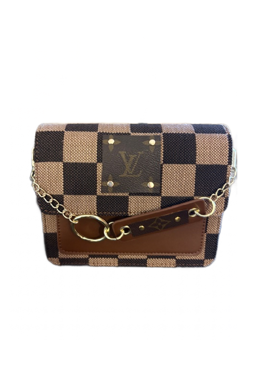 Upcycled Checker Chained Crossbody Bag: Brown