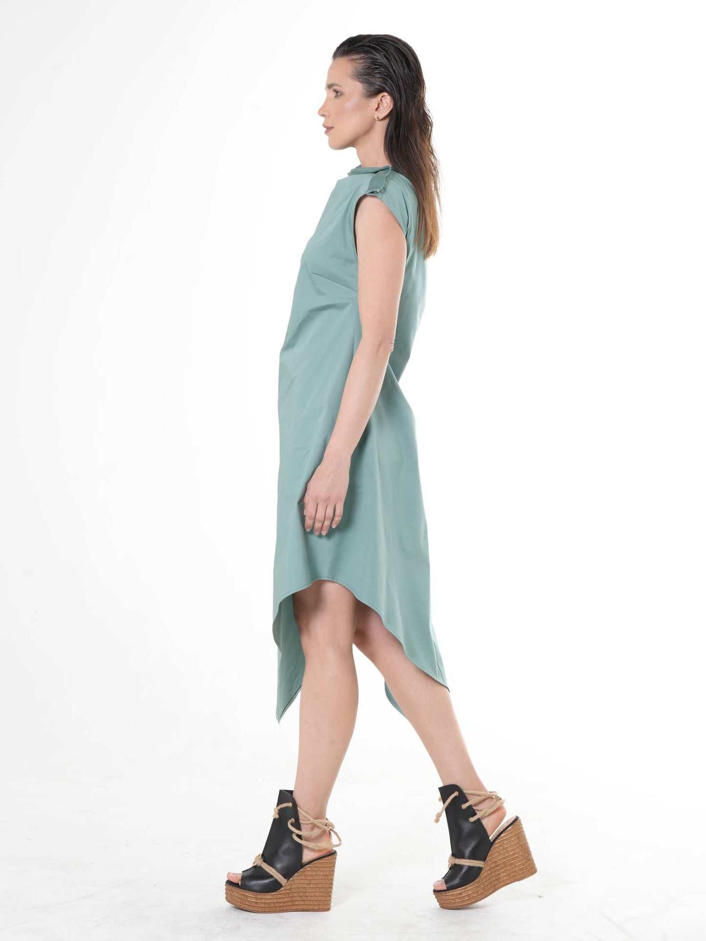 Elegant Satin Cotton Dress In Mint: Black / XL