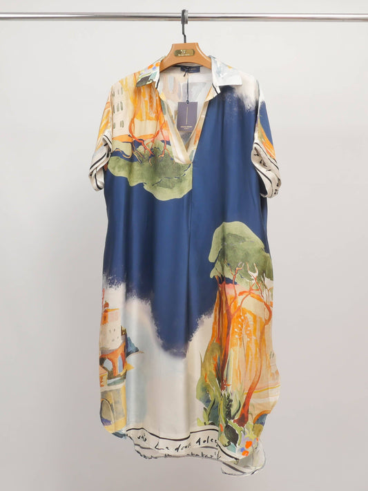 Printed satin dress : Bleu Marine