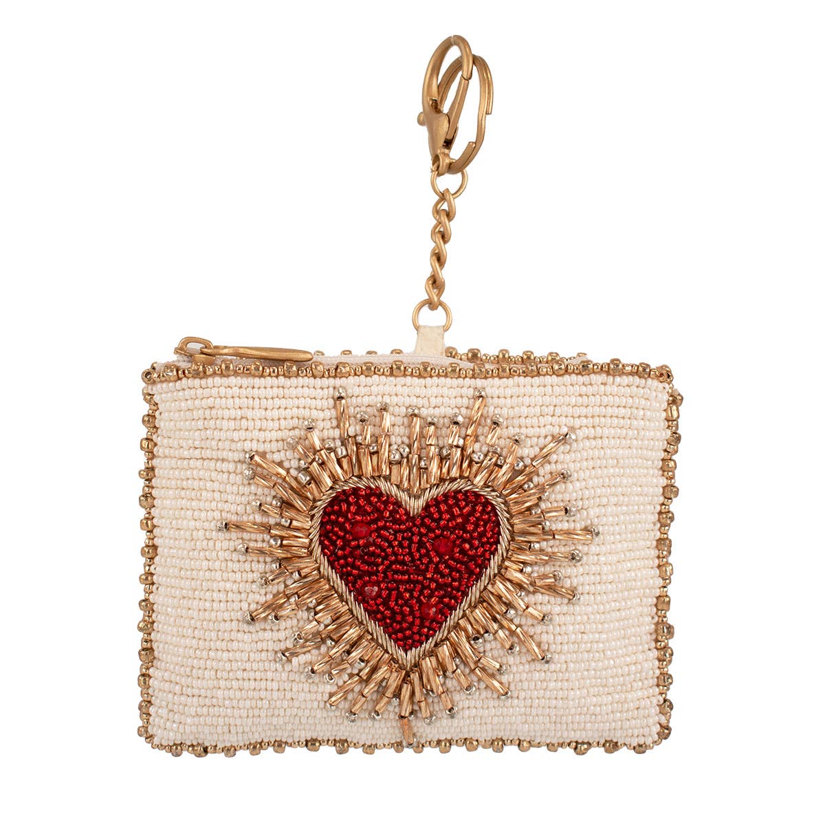 Heart Burst beaded red, gold, and cream coin purse.