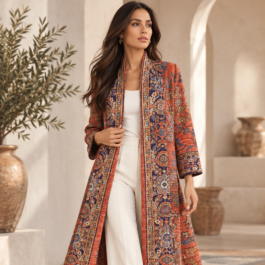 Heritage Antique Rug-Inspired Belted Kaftan Robe — Persian Coral