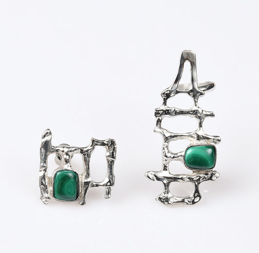 Vienna My Love Set of the Silver Cuff & Stud with Malachite