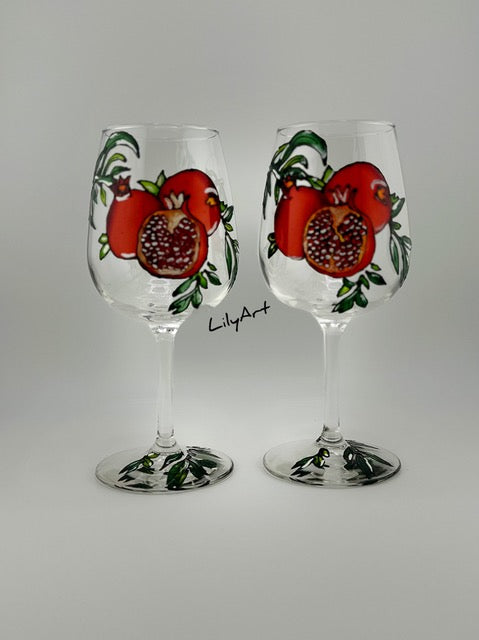 Festive Pomegranate Hand-Painted Wine Glasses