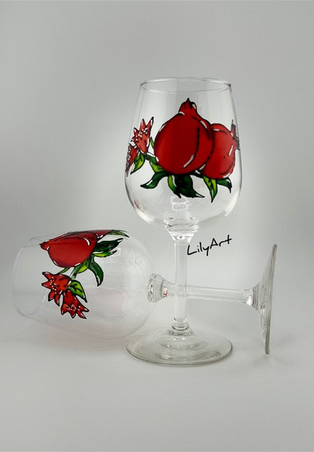 Festive Pomegranate Hand-Painted Wine Glasses